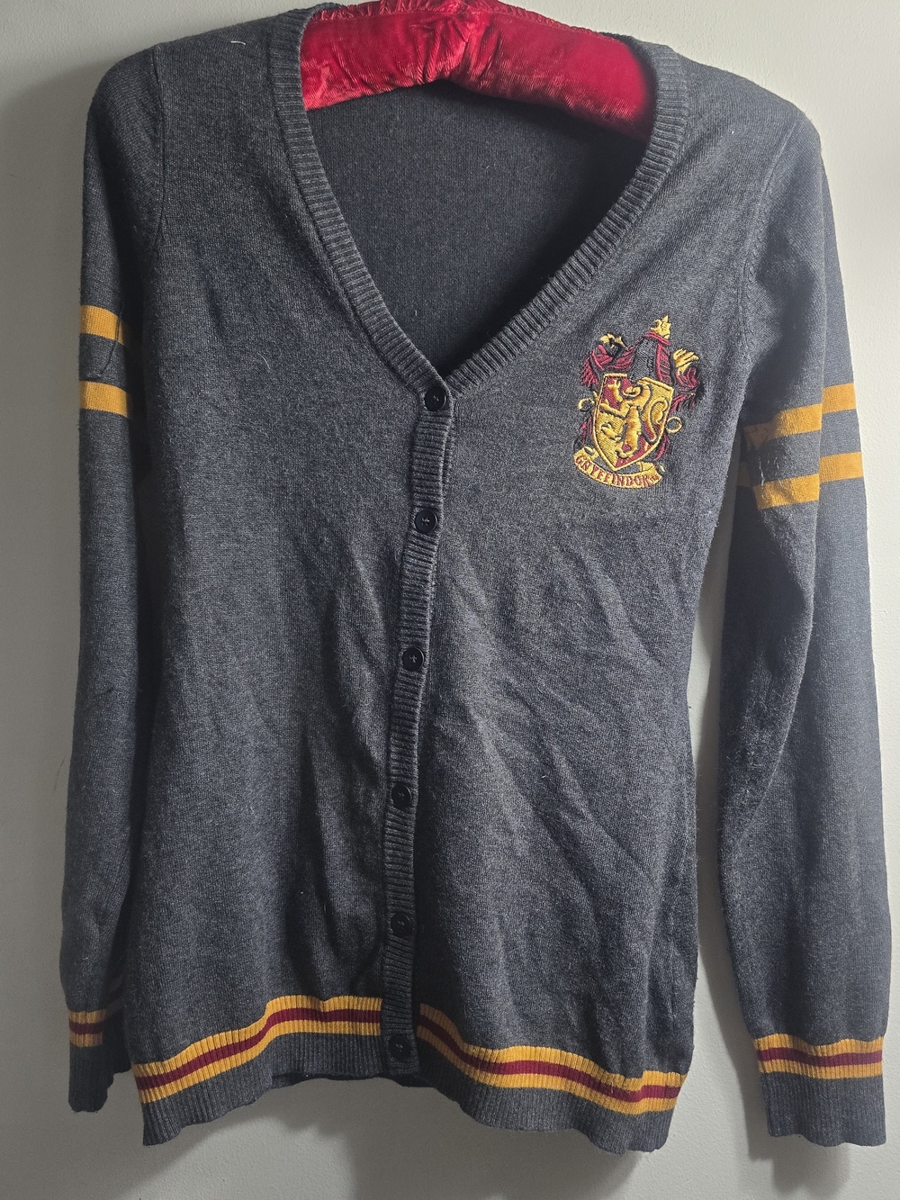 Gray V-Neck Cardigan with Gryffindor Crest and Gold Stripe Accents